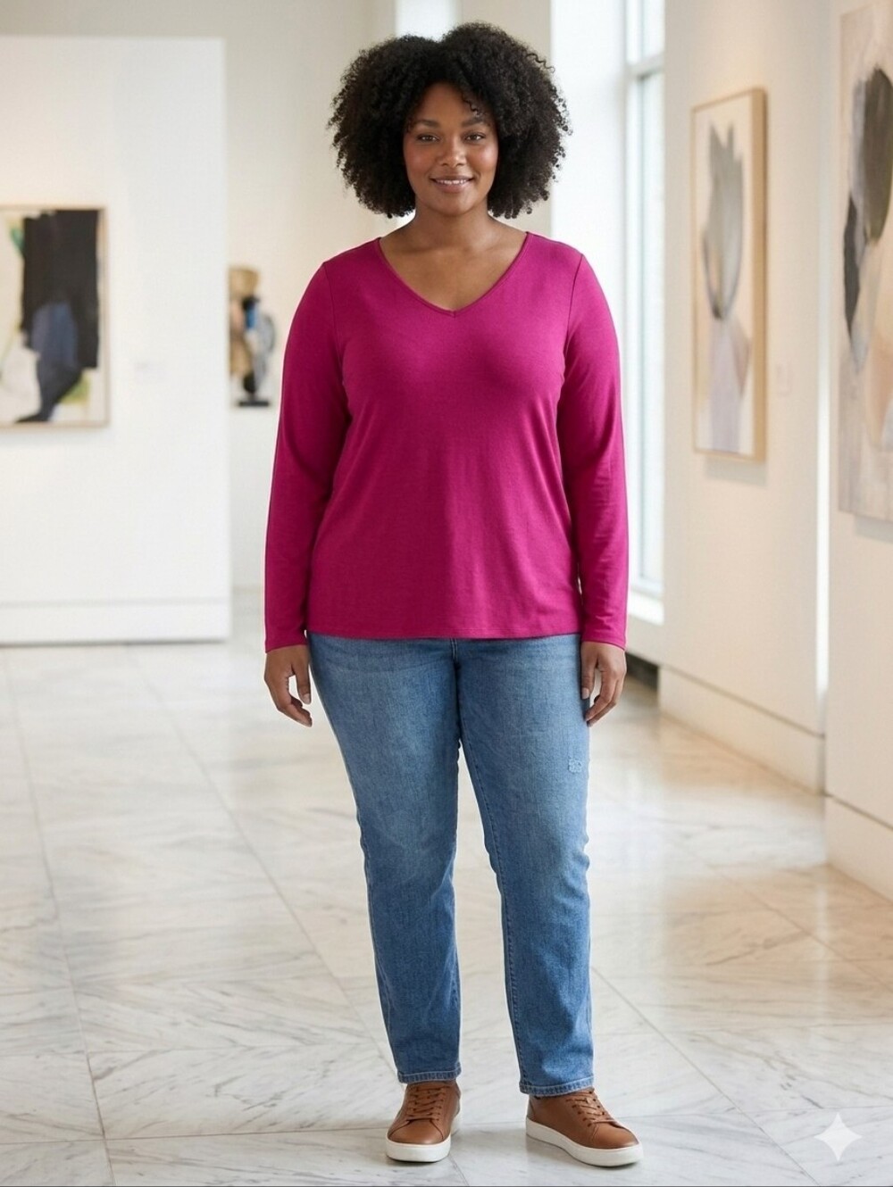 EVRI Women's Deep Magenta V-Neck Long Sleeve Top